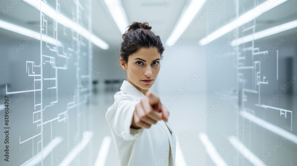 Woman's finger touching digital AI interface Woman's finger touching digital AI interface
