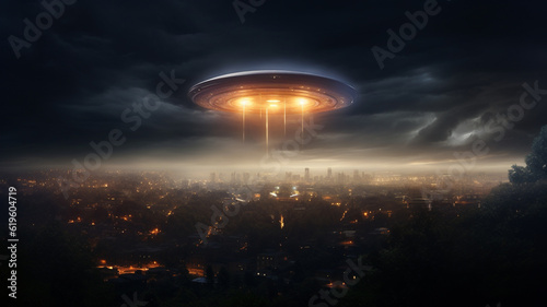 UFO flying saucer in the sky  concept of advanced sci-fi technology and aliens