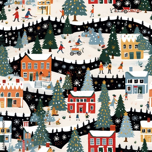 Bring home the festive spirit with this enchanting Christmas-themed seamless pattern. Infused with a sense of folkloric charm, this pattern includes naive illustrations of snow-covered trees