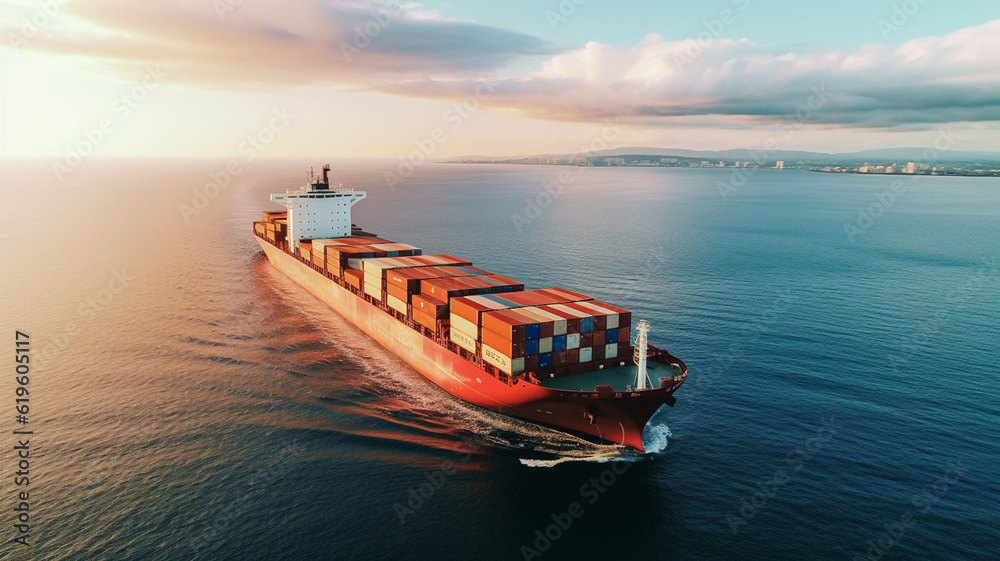 Container ship in ocean, logistics and transport of shipping containers, global trade concept