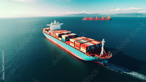 Container ship in ocean, logistics and transport of shipping containers, global trade concept