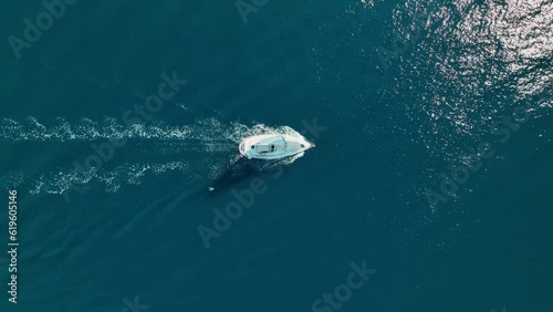 An aerial view of the sail yacht on the blue sea. Transparent clear water in the sea. Summer vacations and travels on a sailing yacht. Summer relaxation.
