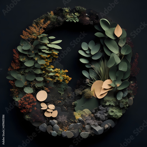 flowers with leaves in a circle, background, paper art style ai generated