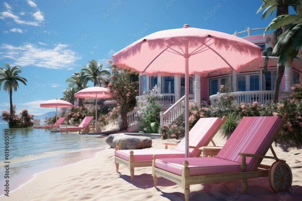 A swimming pool adorned with a beach umbrella and chairs presents a vision of relaxation and a perfect setting for a pink-themed summer. Generative Ai.