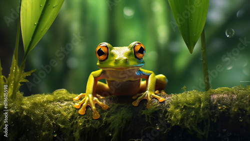 Green frog on tree in lush rain forest