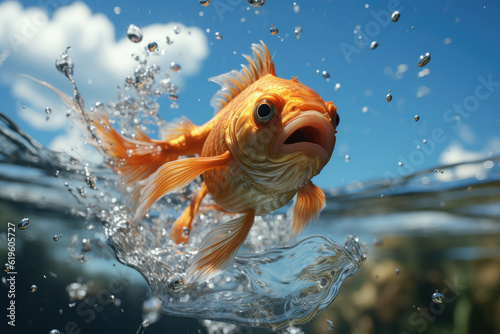 A goldfish jumping out of the water on a sunny summer day creates a mesmerizing and captivating sight. Generative Ai.