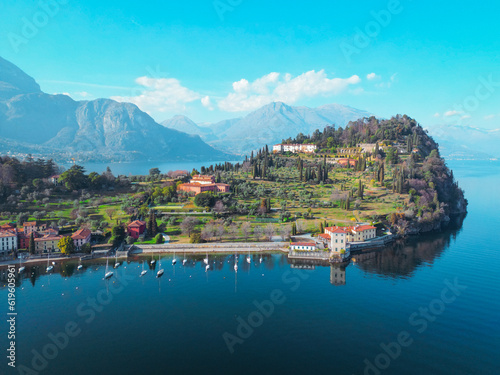 Fototapeta Naklejka Na Ścianę i Meble -  Aerial view with drone of Bellagio City on Como Lake in Italy 