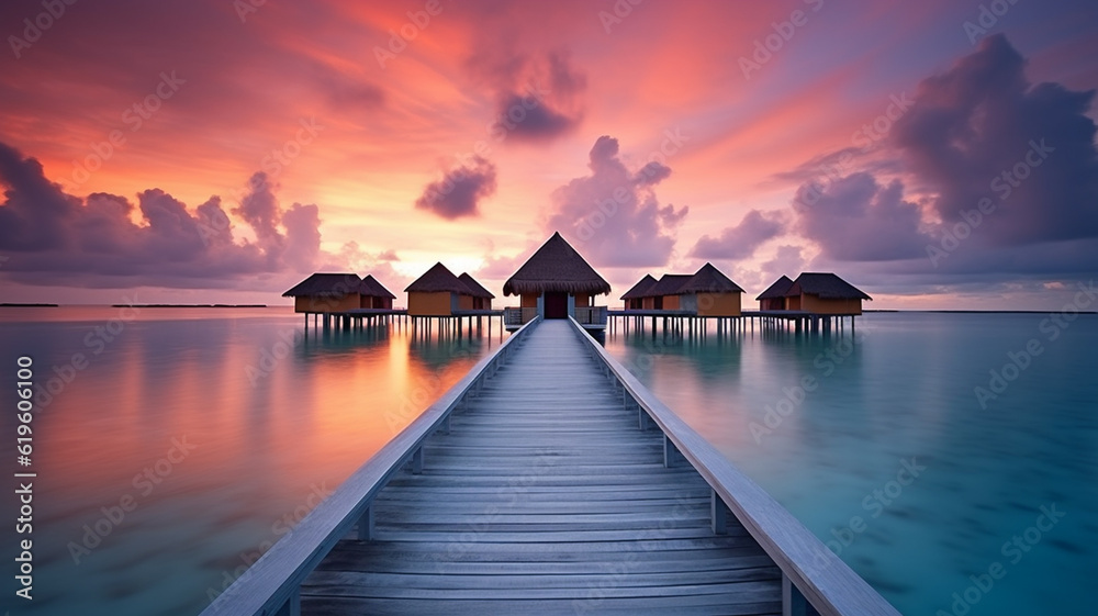 Fototapeta premium Luxury hotel in Maldives, ocean cabins, tropical island paradise