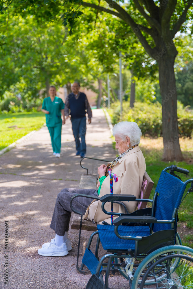 Portrait of an elderly woman sitting on a chair in the garden of a nursing home in a wheelchair Portrait of an elderly woman sitting on a chair in the garden of a nursing home in a wheelchair