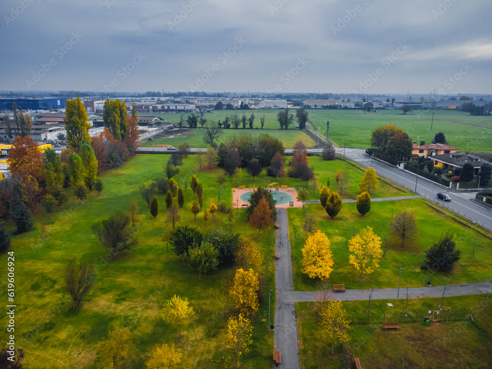 Aerial View Sesto Ulteriano, Milan. A suburb of Milan photo from a drone. Autumn in Italy