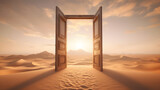 Opened door on desert. Unknown and start up concept. This is a 3d illustration 