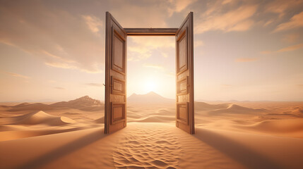 Opened door on desert. Unknown and start up concept. This is a 3d illustration

