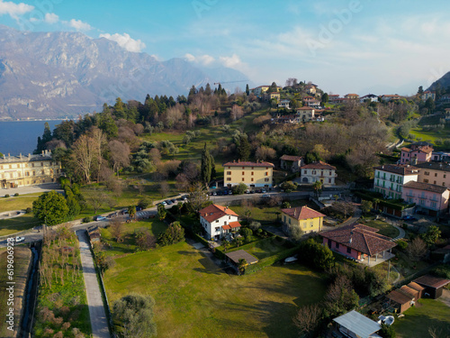 Aerial view with drone of Bellagio City on Como Lake in Italy 