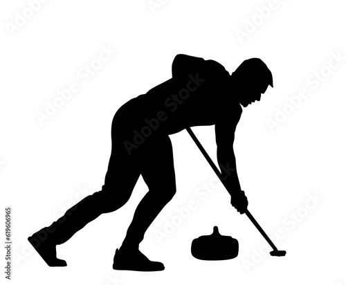 Curling player on ice vector silhouette illustration isolated on white. Winter sport game.  Man curling player delivering a stone on a curling rink, sliding over ice. Boy brushing ice directing stone.