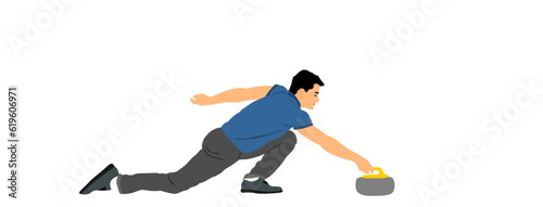 Curling player on ice vector illustration isolated on white background. Winter sport game.  Man curling player delivering a stone on a curling rink, sliding over ice. Boy brushing ice directing stone.