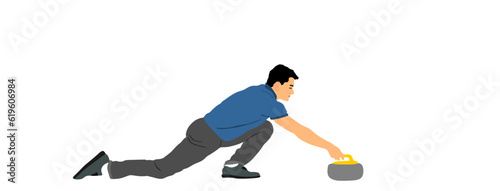 Curling player on ice vector illustration isolated on white background. Winter sport game.  Man curling player delivering a stone on a curling rink, sliding over ice. Boy brushing ice directing stone.