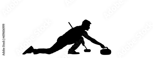Curling player on ice vector silhouette illustration isolated on white. Winter sport game.  Man curling player delivering a stone on a curling rink, sliding over ice. Boy brushing ice directing stone.