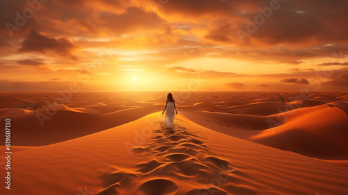 Woman wearing dress walking on sand dunes in sahara desert, camel trip