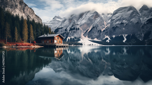 Lake lago di braies in Dolomites, Italy, mountain reflections and boat
