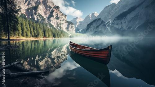 Lake lago di braies in Dolomites, Italy, mountain reflections and boat © Artofinnovation