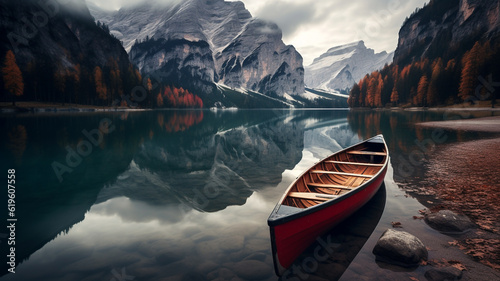 Lake lago di braies in Dolomites, Italy, mountain reflections and boat photo