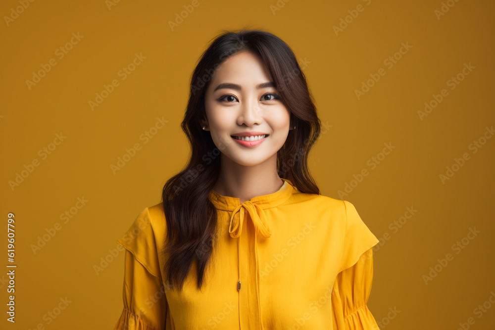 portrait of a beautiful smiling asian woman with long dark hair wearing yellow fress. High quality photo portrait of a beautiful smiling asian woman with long dark hair wearing yellow fress. High quality photo
