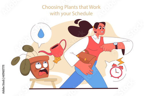 House plant care tips. Character can't take care of potted flower
