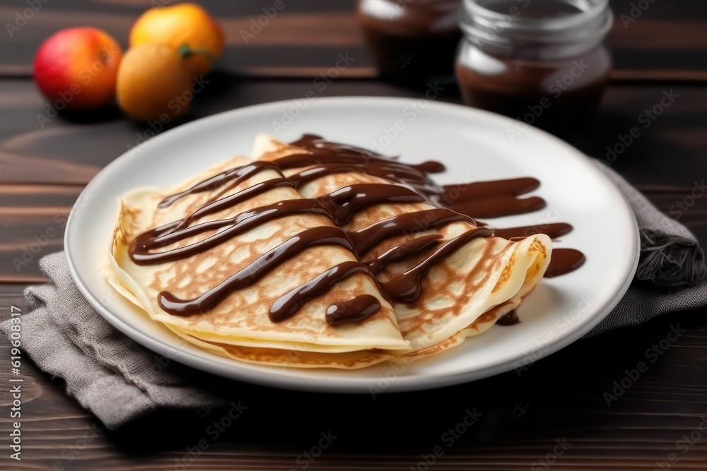 thin pancakes with chocolate paste and strawberries.Generative AI thin pancakes with chocolate paste and strawberries.Generative AI