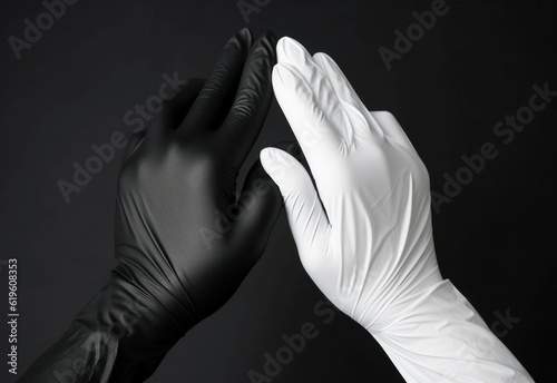 Two hands in sterile gloves. Hands in black nitrile and white nitrile gloves. Skin protection during epidemics and quarantine. protective overalls. there is space for text.Generative AI photo