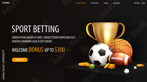 Sport betting, dark web banner with champion cup, gold coins and sport balls on square black podium