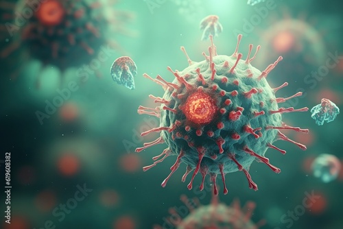 A microscopic image of a virus attacking a cell , Generative ai photo