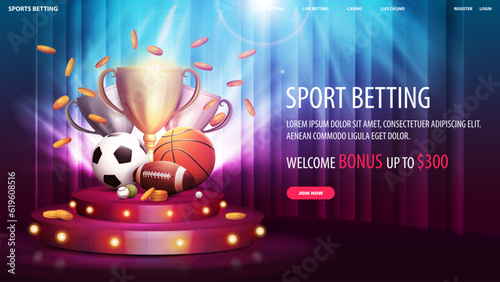 Sport betting, welcome bonus, web banner with offer, champion cups and sport balls on red round podium with curtain on background