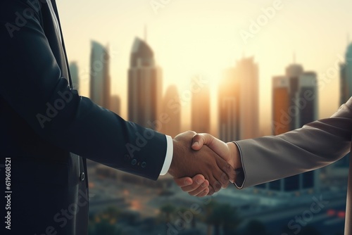 Arab Business handshake and business people on city background, Generative ai
 photo