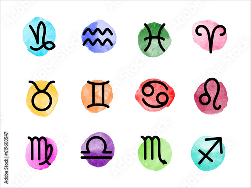 Simple stroke zodiac signs set. Linear black illustrations. Colorful watercolor vector uneven circles, aquarelle spots, stains, brush strokes background. Bright artistic hand drawn round shapes.