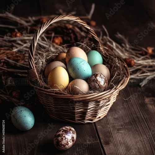 Congratulatory Easter background. Easter eggs in a wicker basket on a wooden table.Generative AI