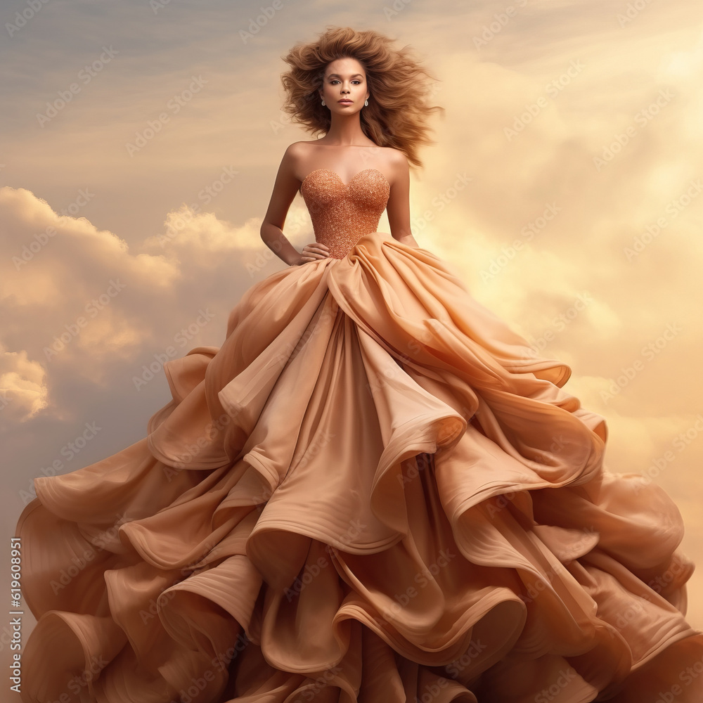 Fashion shot of a 3d illustration of a beautiful young woman in a long dress over cloudy sky. Beautiful young woman with curly hairstyle  in a beige evening dress. Fashion, Style  and Beauty concept