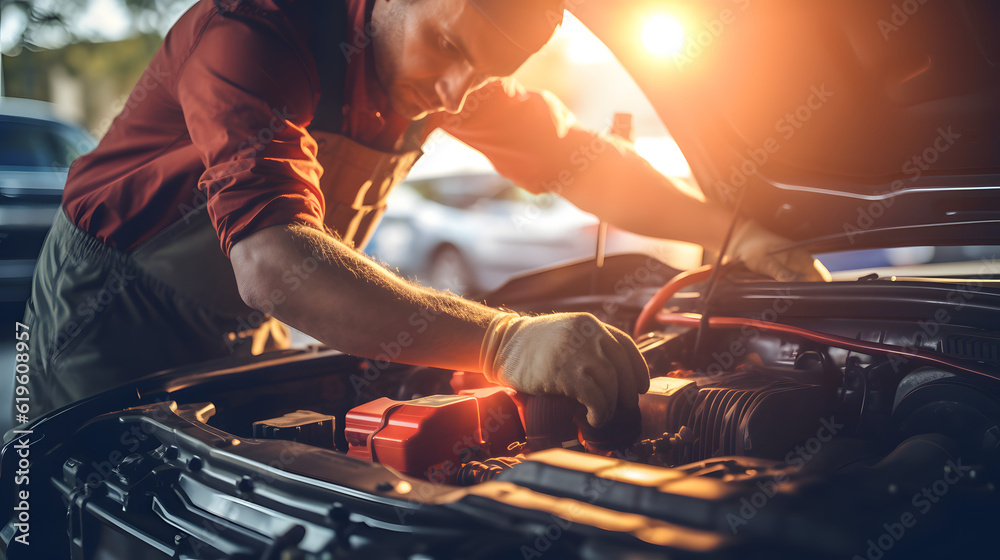 Technician Hands of car mechanic working repair in auto repair Service electric battery and Maintenance of car battery. Check the electrical system inside the car. 
 - obrazy, fototapety, plakaty 