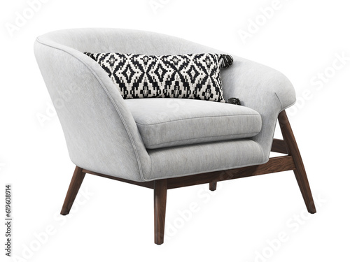 Midcentury light gray fabric upholstery chair with wooden legs. 3d render