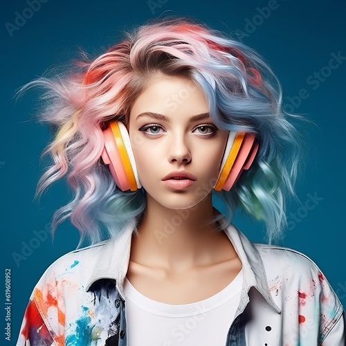  Attractive girl with colorful hair listening to music with big headphones. Portrait of a beautiful young woman with headphones listening to music. Fashion stylish portrait of a white girl on a blue.