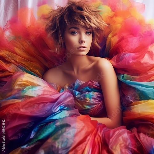 Beautiful young woman with curly hairstyle and bright makeup in colorful dress. Fashion, Style  and Beauty concept. Fashion shot of a beautiful young woman in an elegant dress.