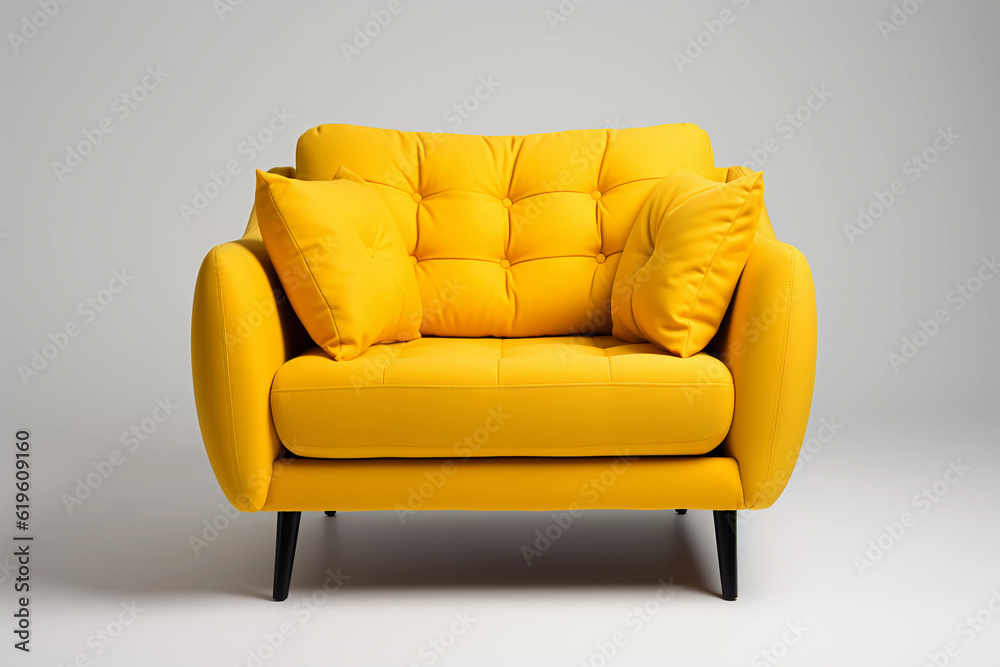 Yellow fabric armchair with cushions. Modern armchair. Created with generative AI. Yellow fabric armchair with cushions. Modern armchair. Created with generative AI.