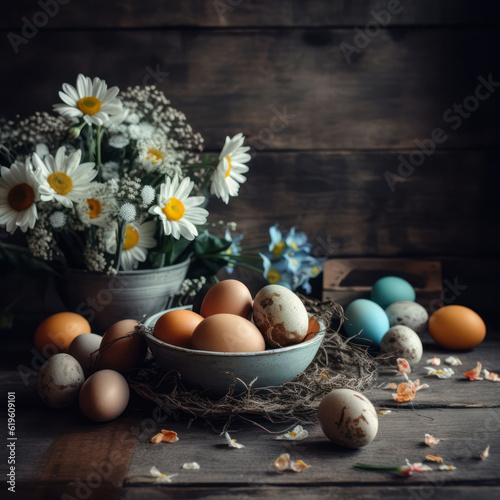 Congratulatory Easter background. Easter eggs on a wooden table and flowers.Generative AI