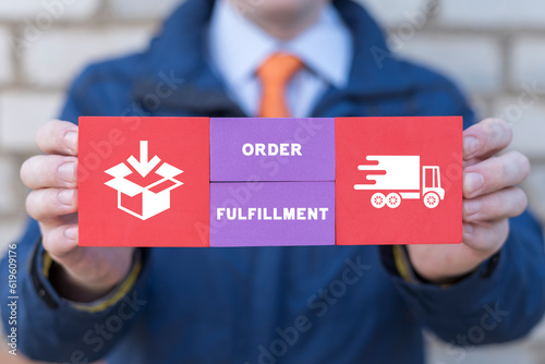 Tablou pe pânză Businessman holding colorful blocks with icons and inscription: ORDER FULFILLMENT