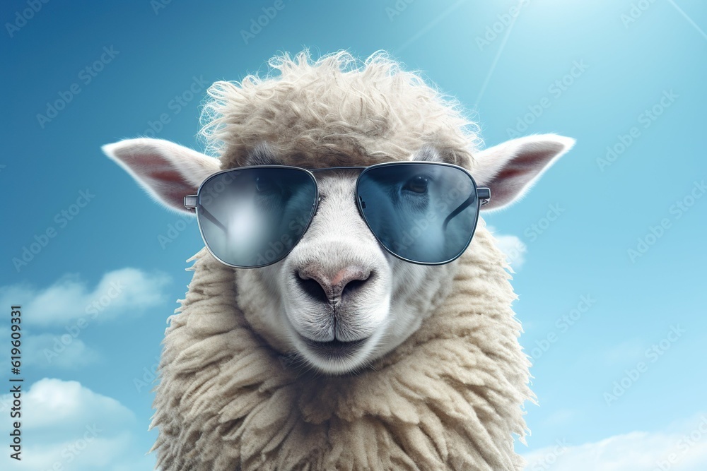 Funny sheep wearing sunglasses in front of studio, copy space background, Generative ai