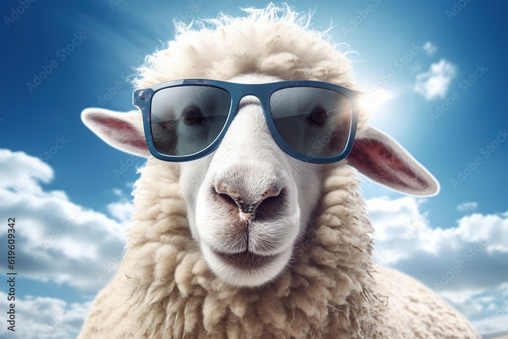 Fototapeta premium Funny sheep wearing sunglasses in front of studio, copy space background, Generative ai