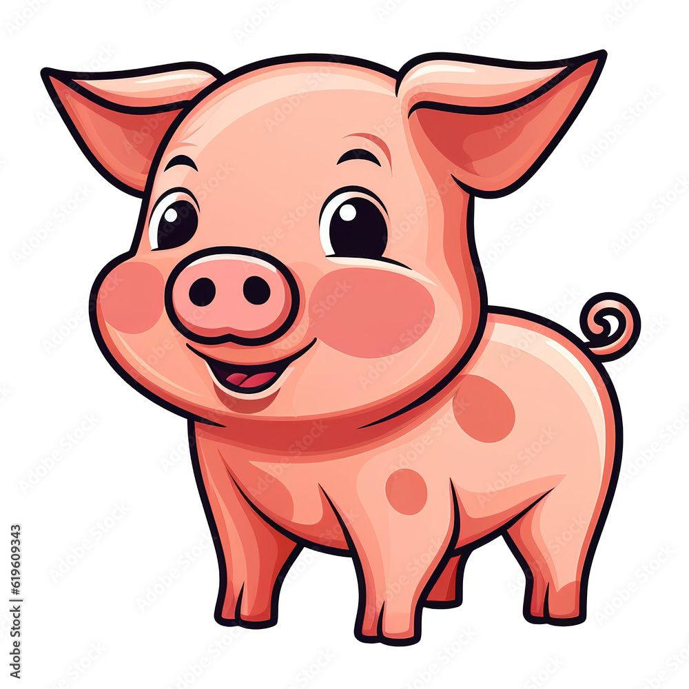 Cute smiley little pig cartoon style illustration isolated on transparent background. Digital illustration generative AI.