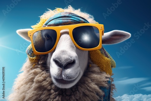 Funny sheep wearing sunglasses in front of studio, copy space background, Generative ai