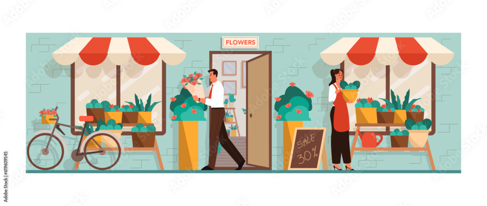 Flowershop exterior. Florist selling bouquets and taking care of plants.