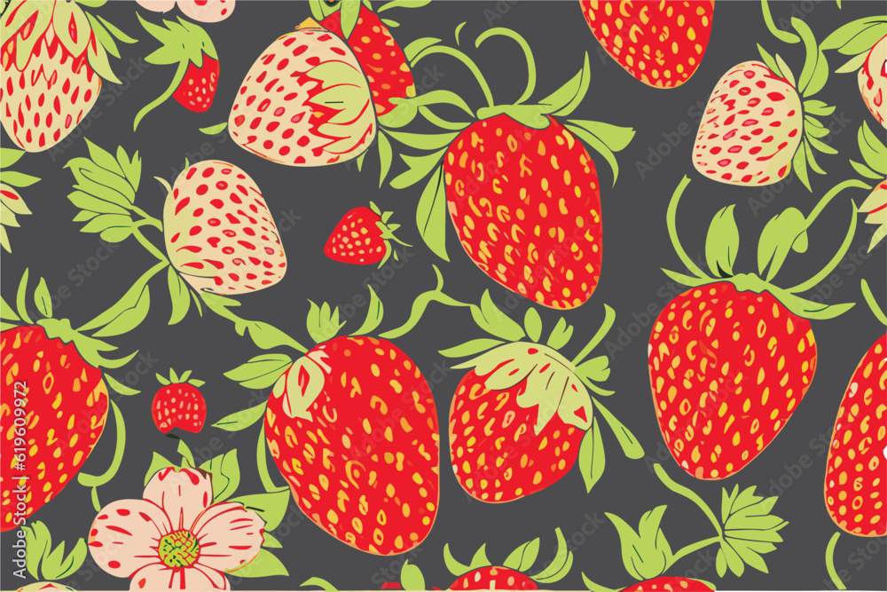 Vector pattern with red and white
berries of strawberry and
green leaves on black background. Vector pattern with red and white
berries of strawberry and
green leaves on black background.