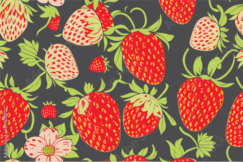 Vector pattern with red and white berries of strawberry and green leaves on black background. © TKalinovskaya